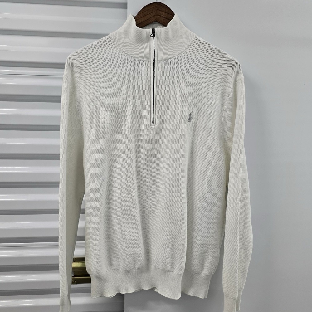 Polo Ralph Lauren XL White 1/4 Zip Mock Neck Knit Sweater Pony Cotton